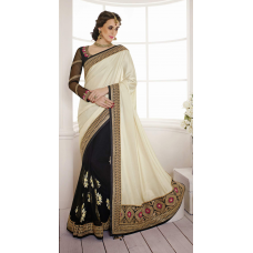 Spectacular Black Colored Embroidered Satin Net Saree